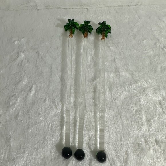 Set Of 3 Vintage Handcrafted Glass Palm Tree Drink Cocktail Stirrers tiki - Picture 6 of 8